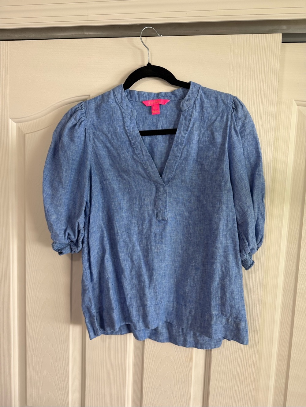 Lilly Pulitzer Mialeigh Elbow Sleeve Linen Top Beckon Blue Sea Salt - Picture 2 of 7